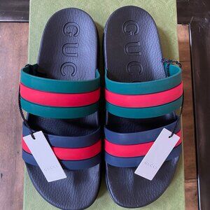 Gucci 692381 Sherry Line Rubber Double Strap Sandals | Red/Green | G Men 12